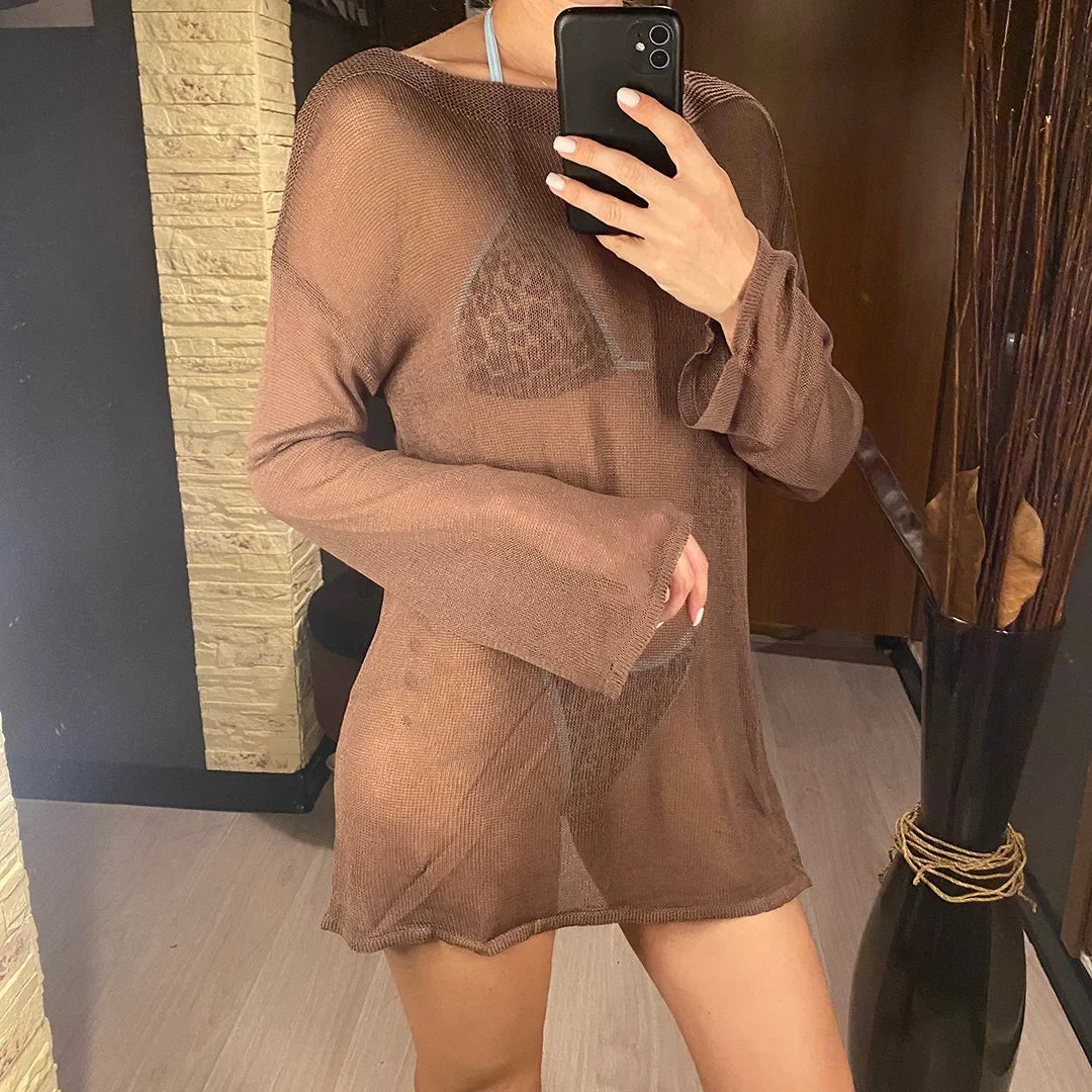 Sexy Long Sleeve See Through Top  Mesh Sheer Tunic Beach Cover Up Cover-ups Beach Dress Beach Wear Beachwear Female Women V3557