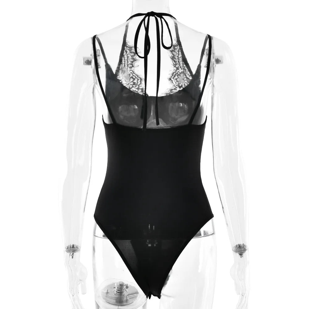 FDYOUI Women Sexy Sleeveless Lace Patchwork Pink Bodysuits 2026 Summer Halter Lace-up Backless One Piece Party Club Jumpsuit Top
