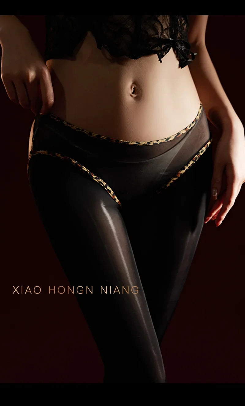 Leopard Print Panties With Integrated Stockings Sexy Hollow Lace Pantyhose With Bow And Bell Black Silk Smooth Pure Desire 6Z3F