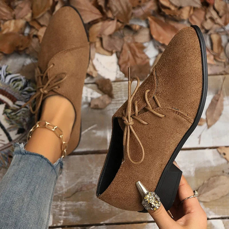 New Patchwork Loepord Pointed Toe Shoes for Women Retro Fax Suede Lacing Pumps Woman Shallow Square Heel Single Shoes Mujer