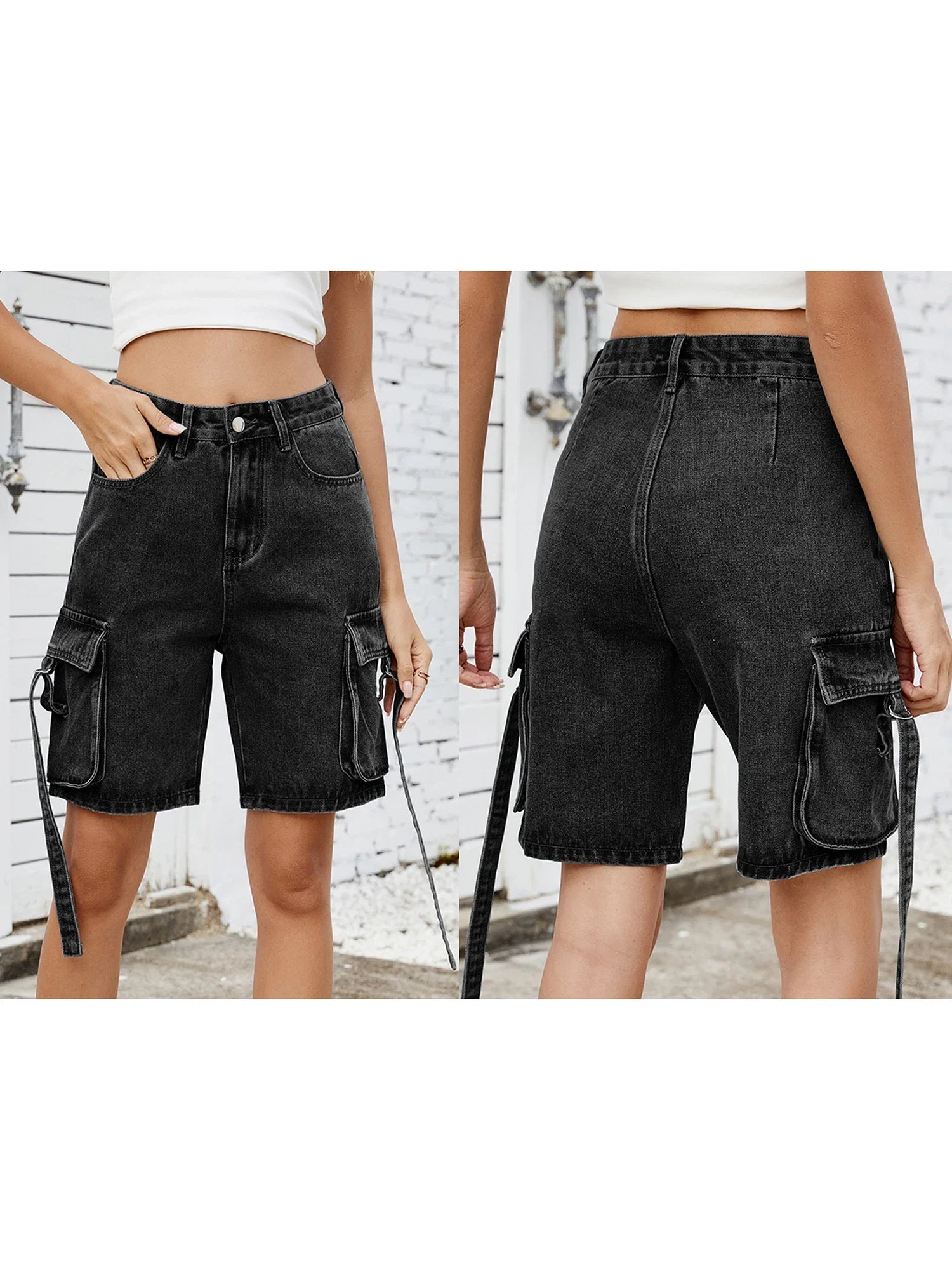 Women Cargo Denim Shorts Casual Summer Loose Solid Colors Jean Short Pants for Vacation Beach Club Streetwear