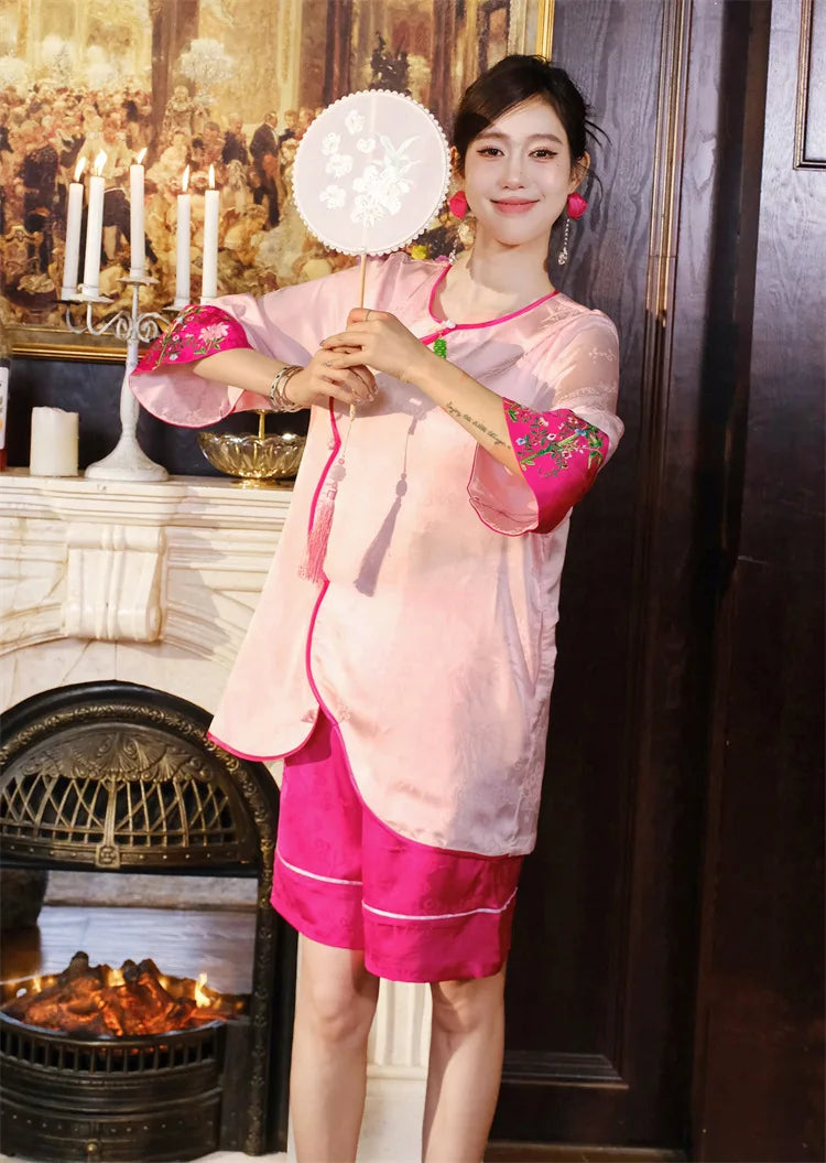 New Chinese style pajamas with breast pads, simulated silk, ice silk home wear, satin jacquard pajamas set
