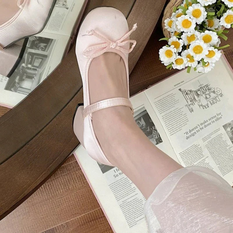 2025 spring cute sweet Bowknot Mary Janes for Women  vintage Silk Med Heels  pumps Ladies  Banquet Wedding Single Shoes Mujer