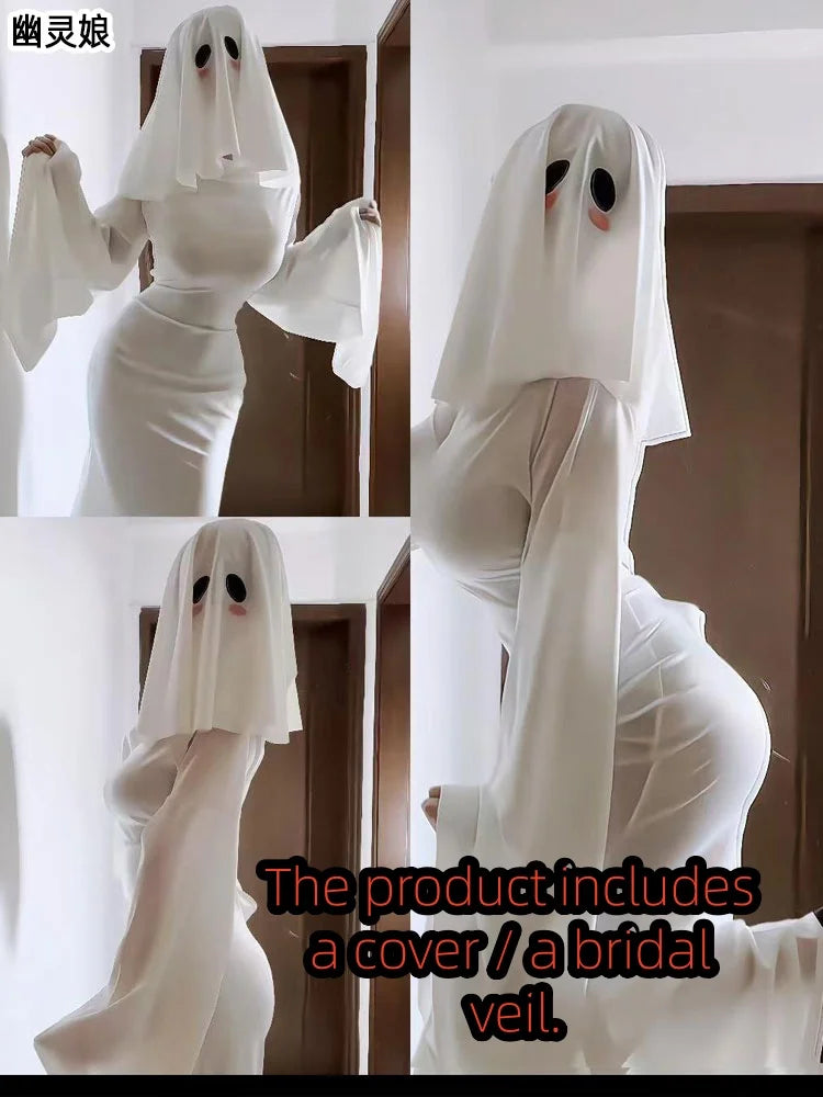 Sexy Ghost Costume for Women, White Gothic Dress, Ghost Cosplay Outfit, Halloween Party Dress, Elegant Scary Boo Lady Costume