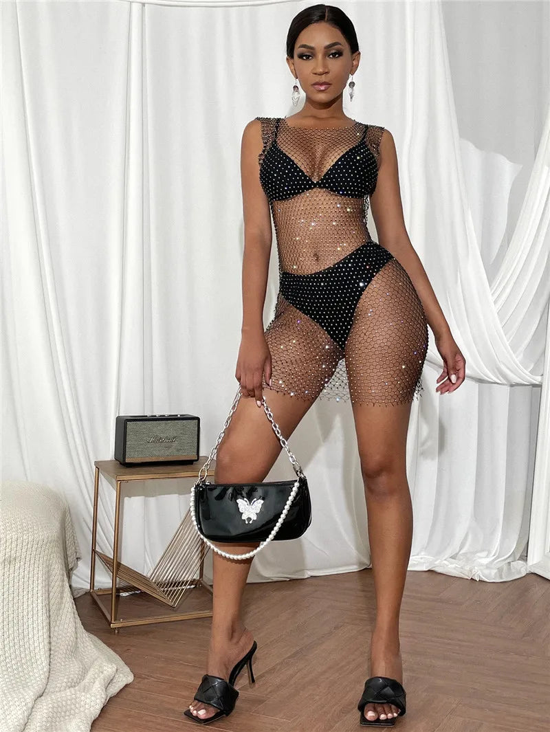 XS-2XL 15 Colors Rhinestones Fishnet Dress O-Neck Grid Swimsuit Bikini Cover Up Beach Pool Party Cover-ups for Swimwear Women