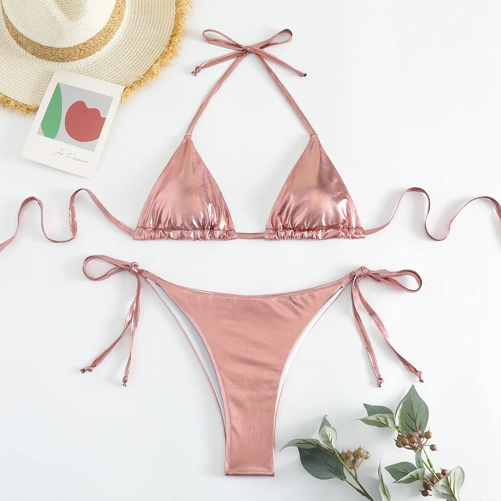 Sexy Brozing Gold Bikinis Sets Women Push Up Micro Bikini Swimsuit 2026 Brazilian Beach Bathing Suit Tie Side Triangle Swimwear