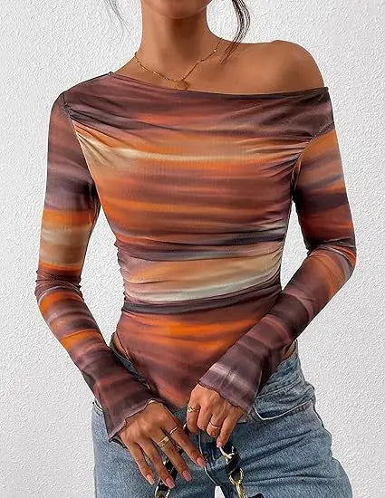 Women's Off-Shoulder Ruffled Sleeve Long-Sleeve Top with Asymmetrical Tie-Dye Mesh Asymmetrical Pleated Floral Print T-Shirt