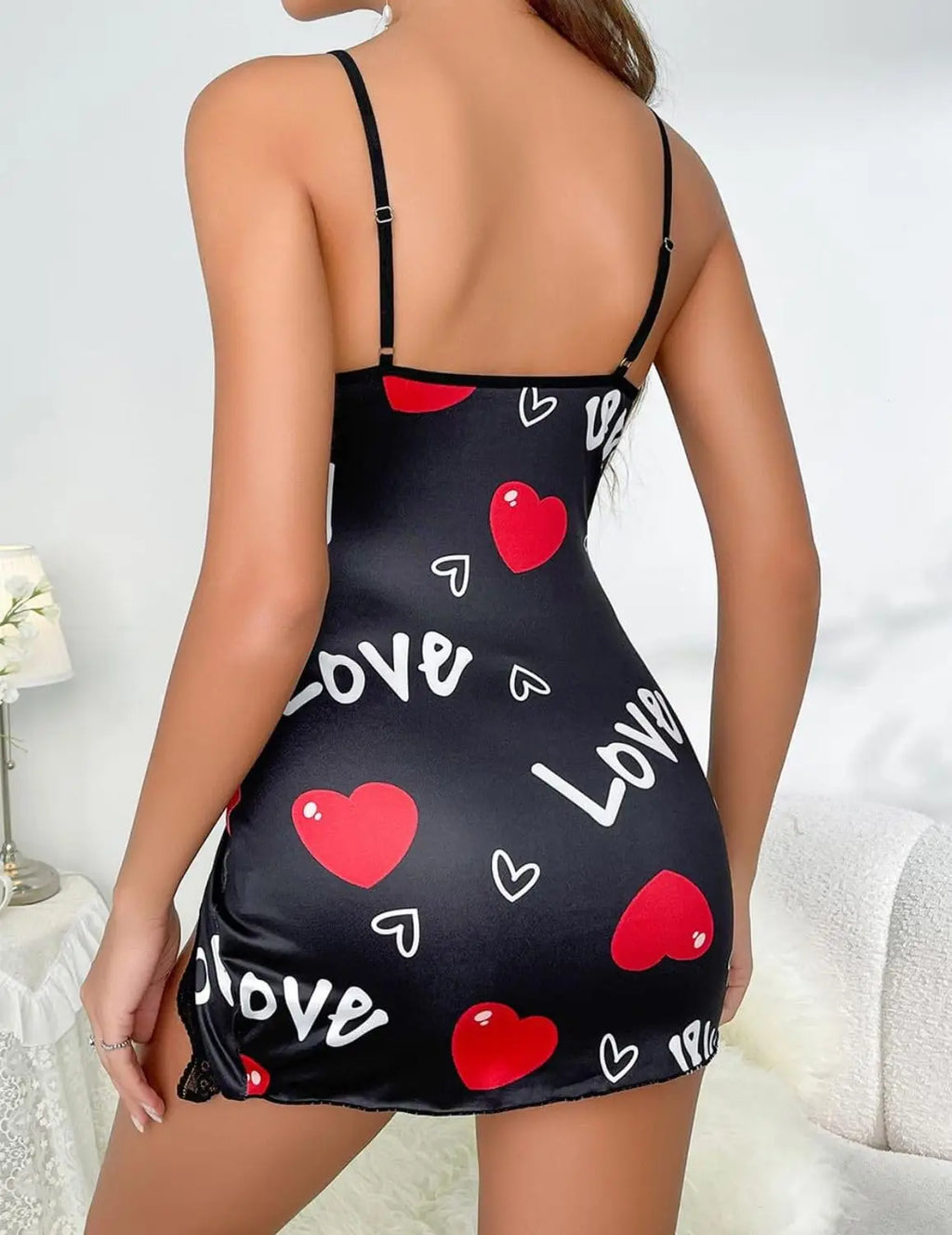 New Sexy Black Nightgown for Women Red Heart  Love Print Satin Lace Trim Mini Chemise Adjustable Spaghetti Strap Lingerie