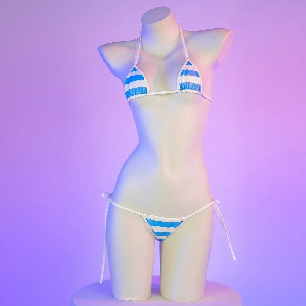 PU Leather Micro Bikini Set Women Swimsuit Japanese Kawaii Stripes Bra Set Sexy Lingerie Underwear Summer Swimwear Costume