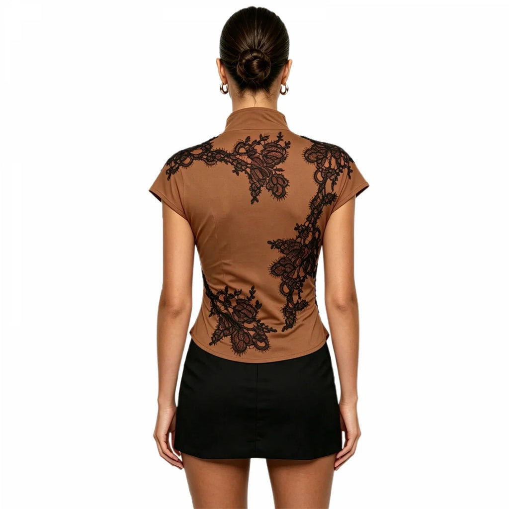 Women's Cheongsam Tops Mock Neck Short Sleeve Lace Patchwork  Blouse Chinese Style Keyhole Summer Shirts