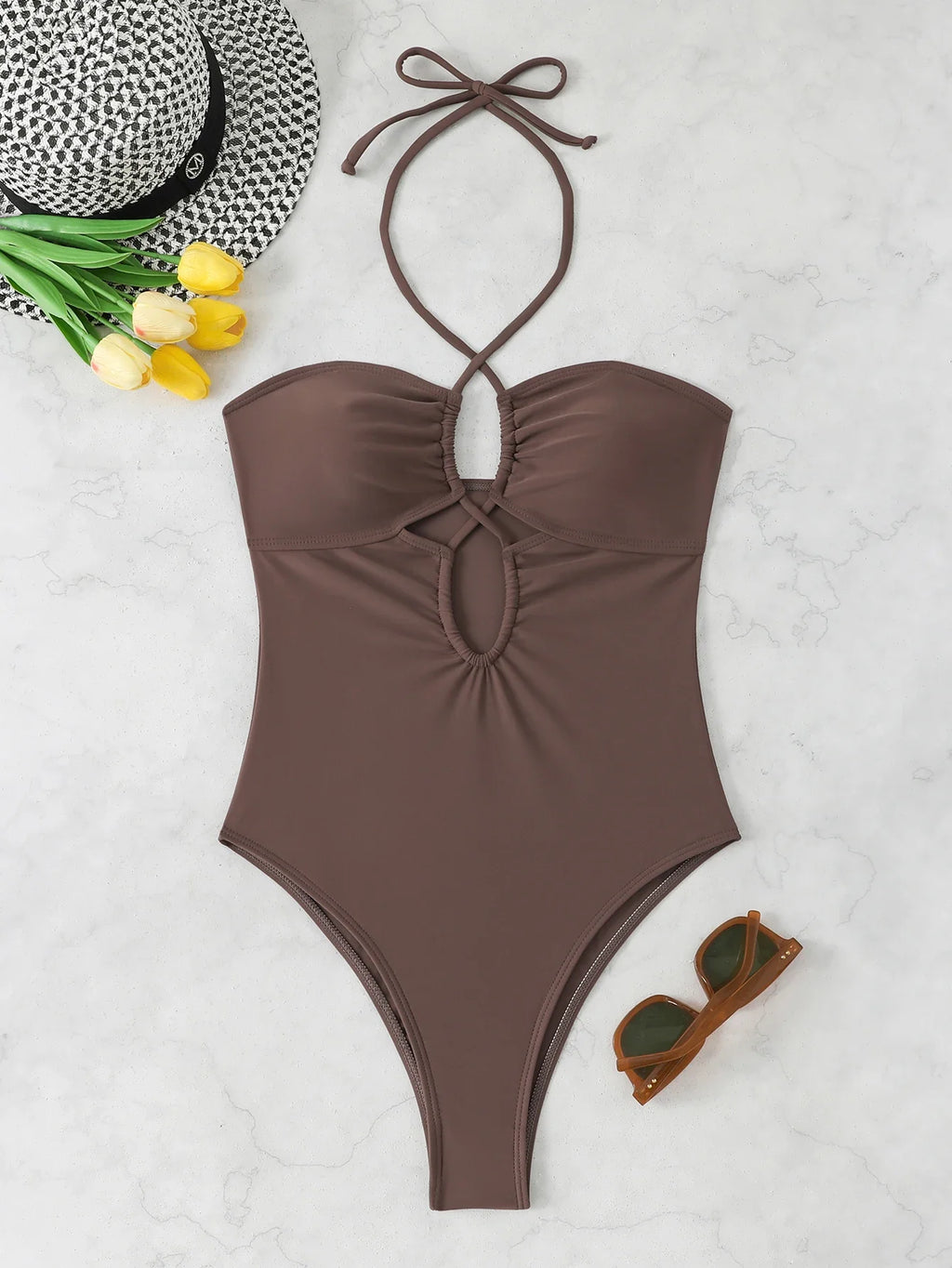 2026 Halter Swimsuit One Piece Solid Hollow Swimwear Women Sexy Bathers Bathing Swimming Swim Suit Female Beachwear
