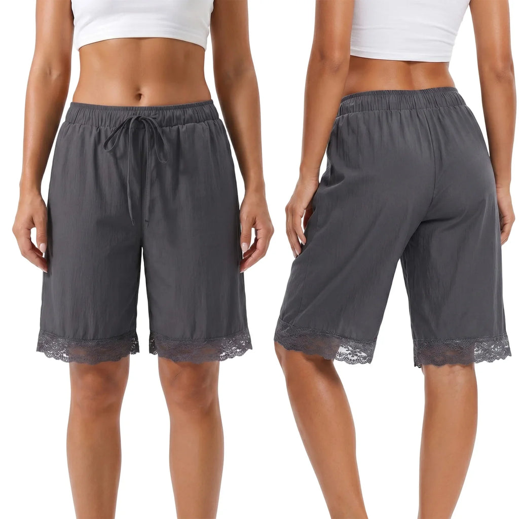 Fashion Women's Loose Shorts Drawstring Elastic Waist Lace Trim Wide Leg Mid Pants Summer Casual Lounge Out Going Shorts