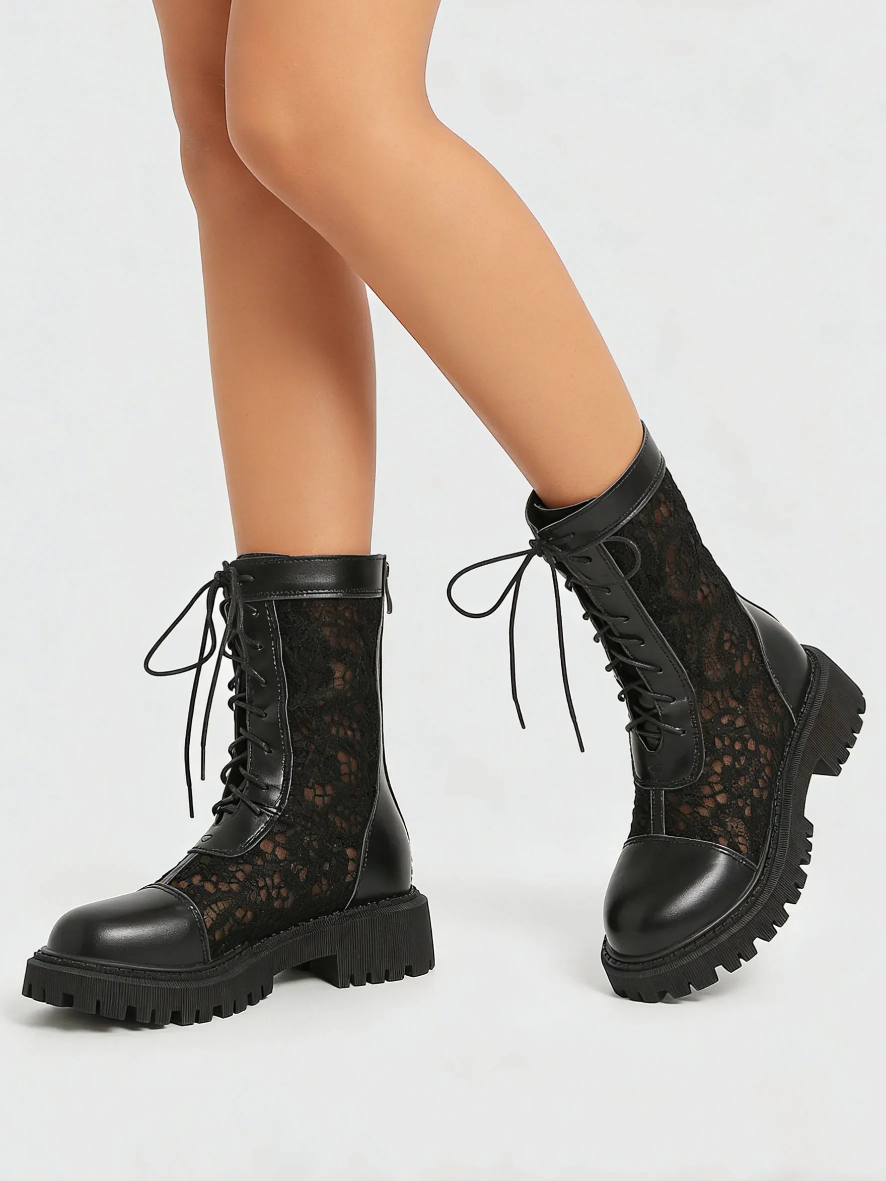 2026 New Big Size 45 Chic Black Lace Mesh Summer Boots Women Round Toe Square Heels Shoelace Zip-up Mid-calf Boots Shoes