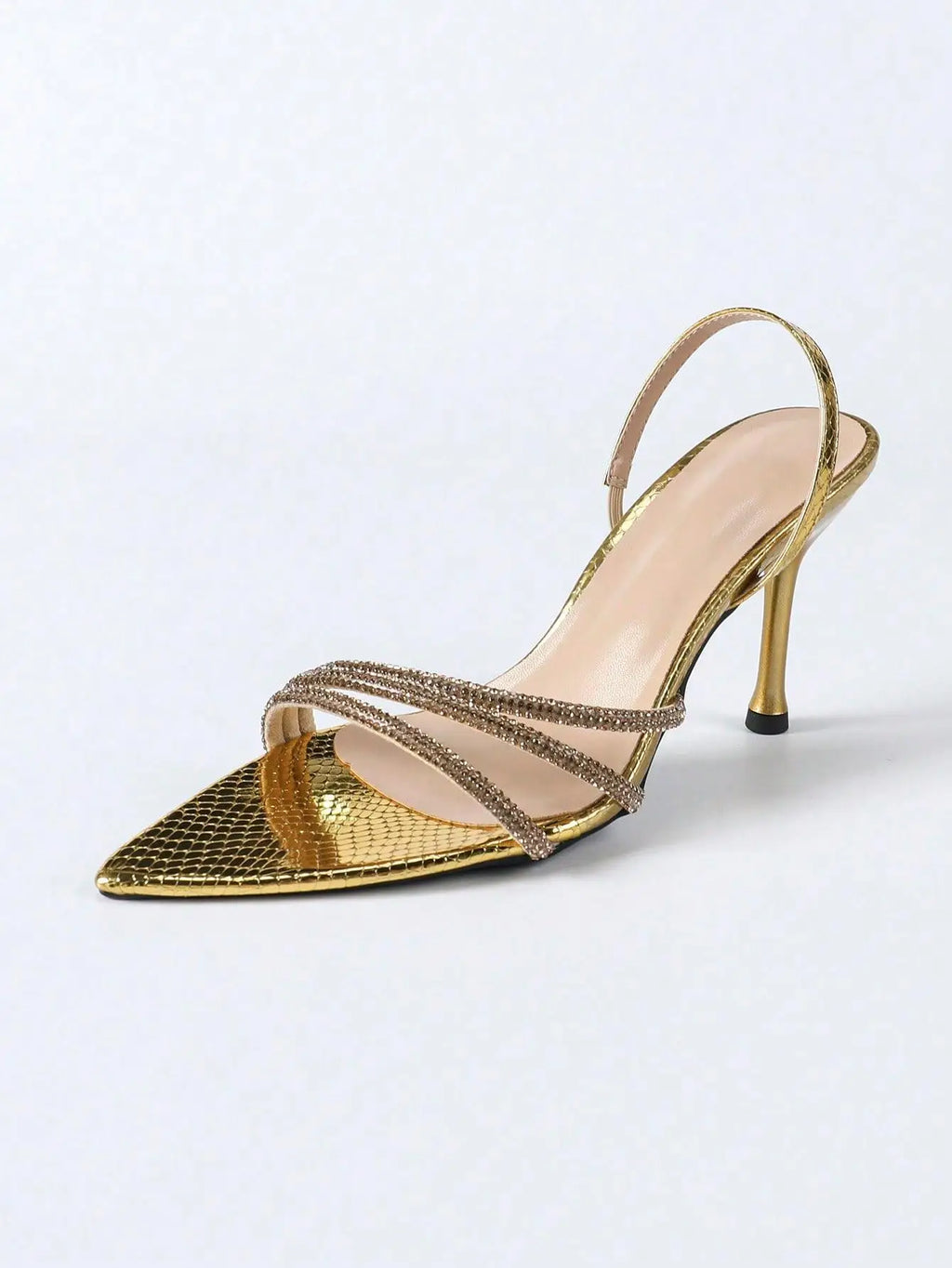 Sexy Crystal Slingback Women Golden Back Strap Sandals Narrow Band Pointed Toe High Heels Pumps Party Summer Outdoor Dress Shoes