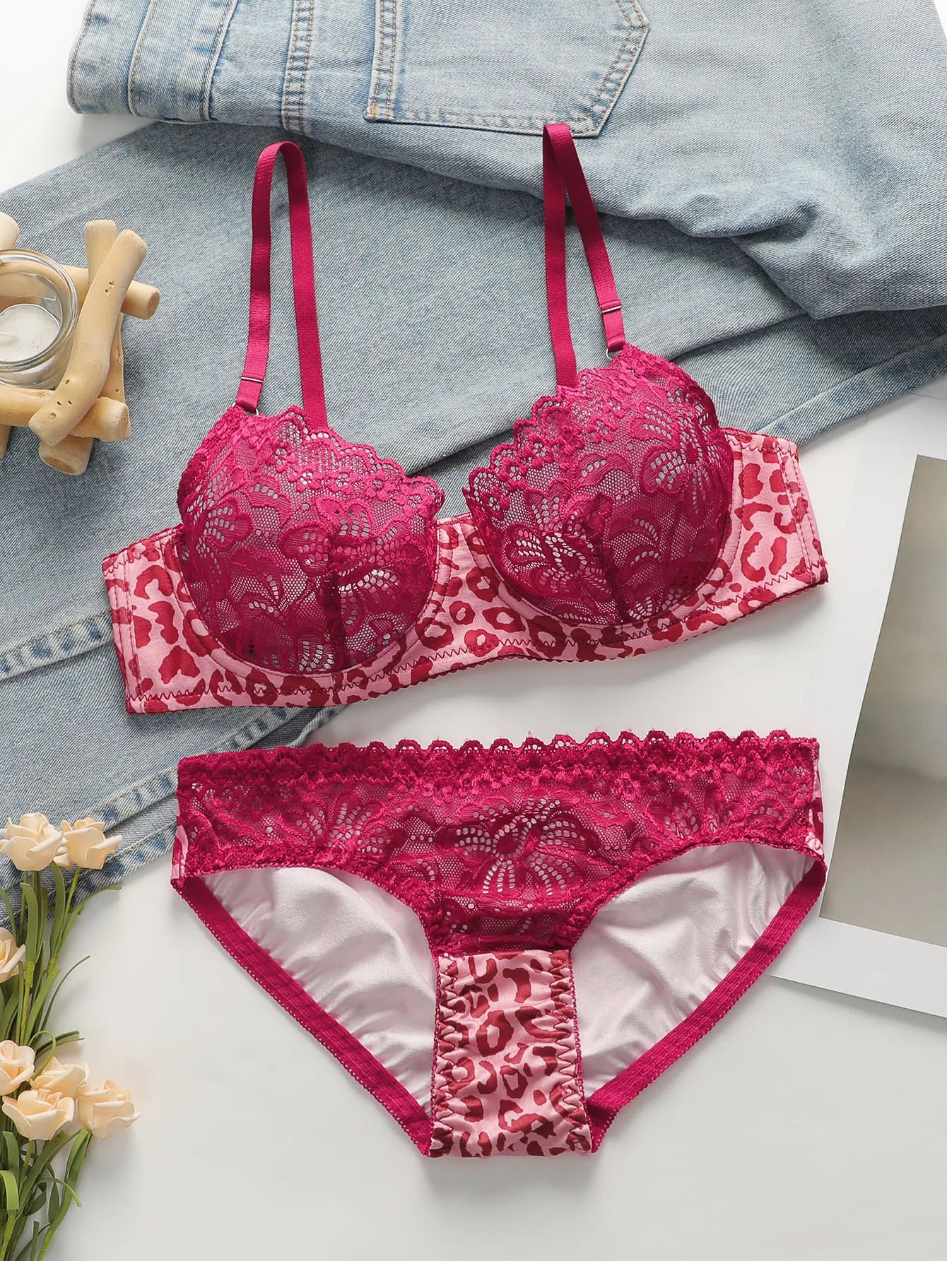 Lace Transparent Underwear Sets for Women Sexy Lingerie Fairy Embroidery Brief Sets Delicate Pink Leopard Push Up Bra A3131