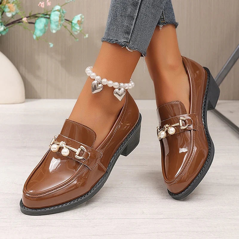 Office Ladies Patent Leather Oxford Shoes Plus Size 43 Pointed Toe Thick Heel Pumps Women British Style Slip On Student Shoes