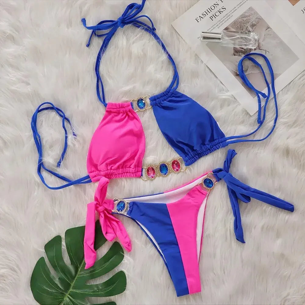 Splicing Halter Jewelled Diamond Bikini 2025 Women Swimsuit Female Swimwear Two Pieces Bikini Set Hollow Out Bathing Suit Swim