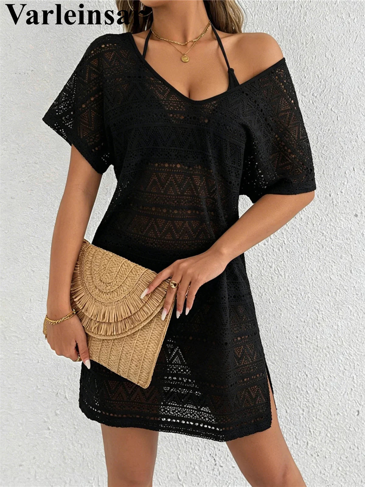 S - XL V Neck Short Sleeve Hollow Out Knitted Tunic Beach Cover Up Cover-ups Beach Dress Beach Wear Beachwear Female Women V8214