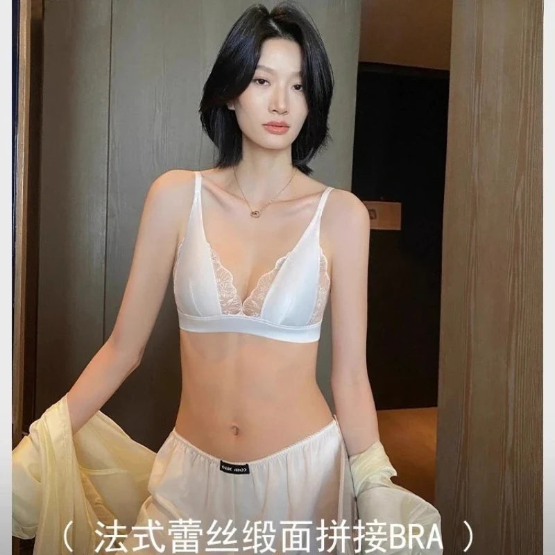 Modest French Lingerie Wirefree, Luxury Satin Bralette for Small Chest Summer Thin Cover Lace Bra Elegant Comfort MOYISU S-XL AB