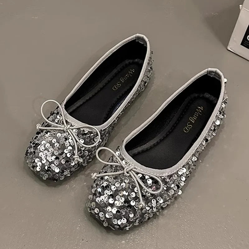 Fashion Silver Bling Low Top Single Shoes for Women New Low Heels Bow-Knot Single Shoes Ladies Hot Sale Plu Size Shoes Mujer