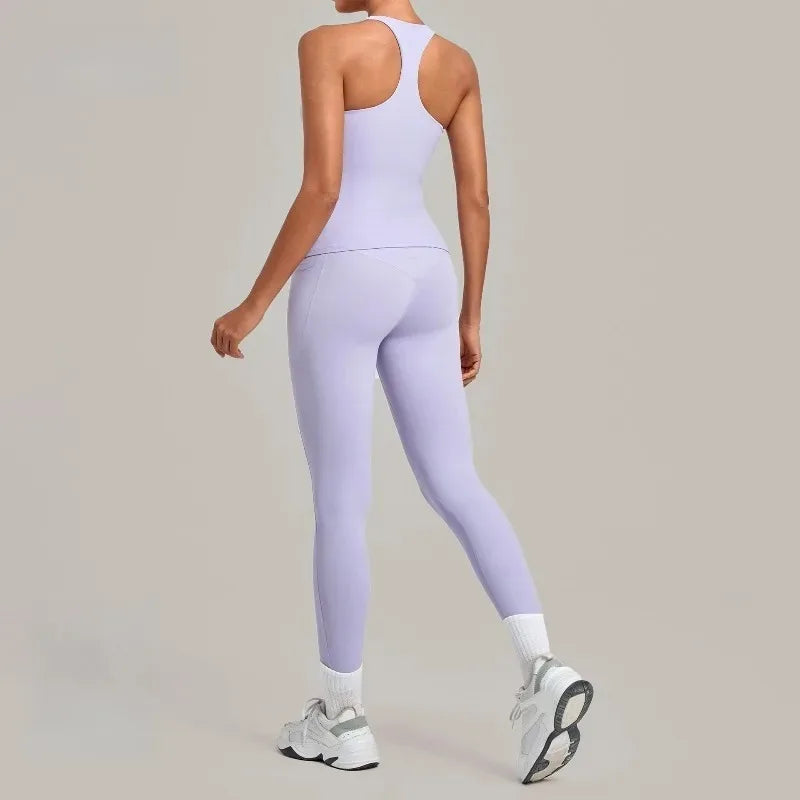 Women's Seamless Yoga Sets Sports Fitness Hip-lifting High Waist Pant Sleeveless Backless Suits Workout Running Leggings Sets