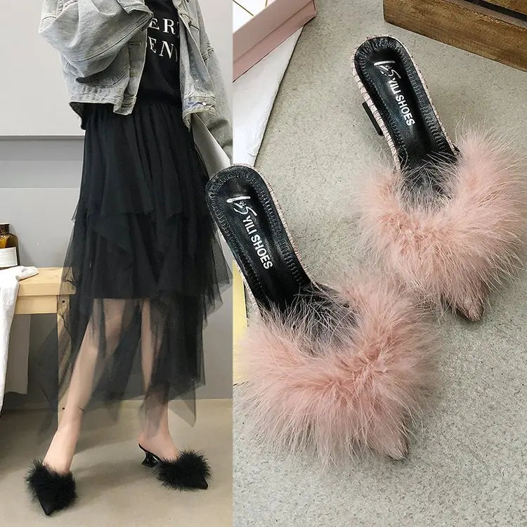 Women's Half Slippers New Summer Sexy Pointed Temperament High-heeled Slippers Female Fashion Furry High Heels Solid Slides