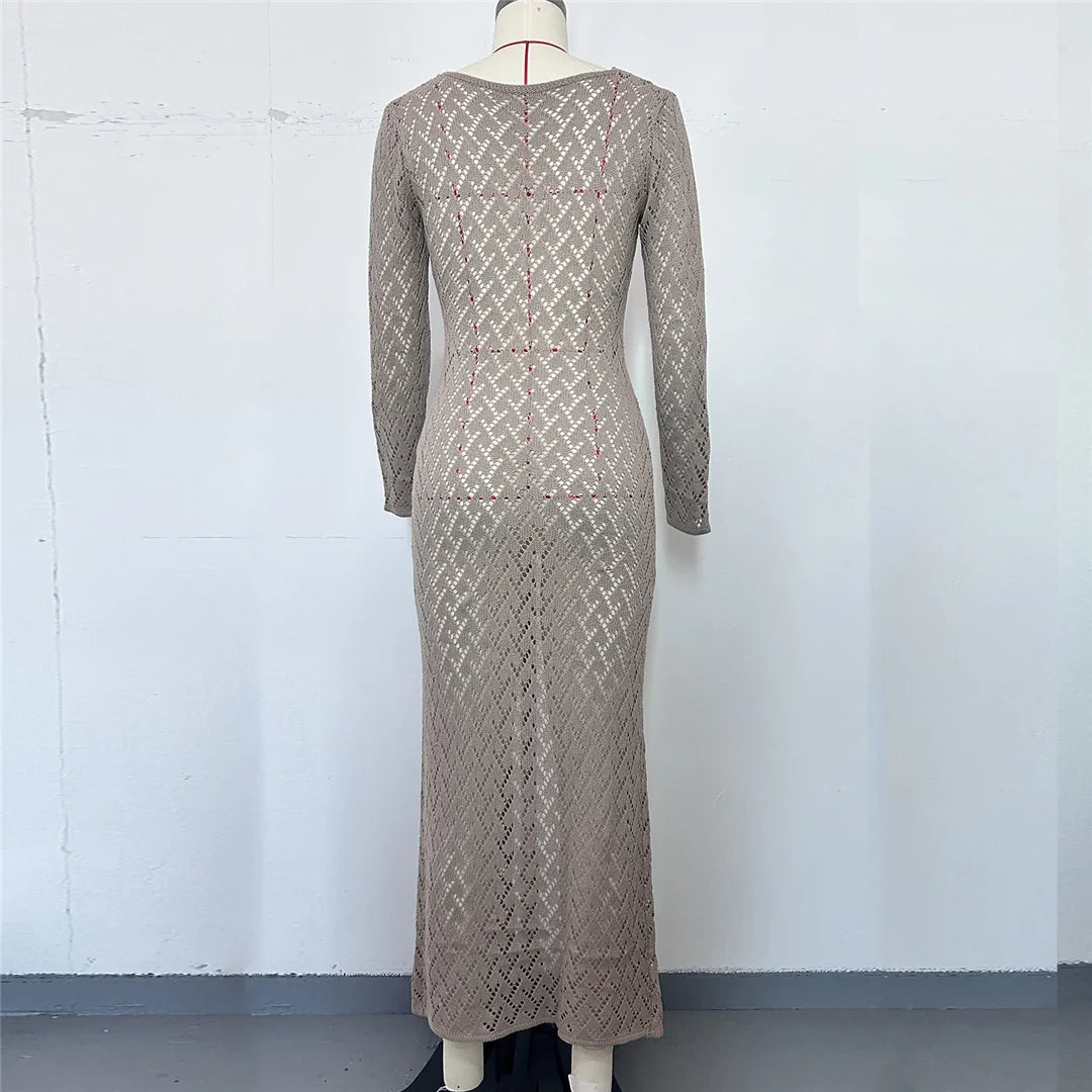 3 Colors Long Sleeve Cut Out Crochet Knitted Tunic Beach Cover Up Cover-ups Beach Dress Beach Wear Beachwear Female Women K6536
