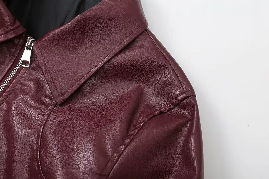 Foridol Wine Red Vintage Faux Leather PU Coat for Women Long Sleeve Turn Down Collar Zipper Autumn Winter Coat Jacket