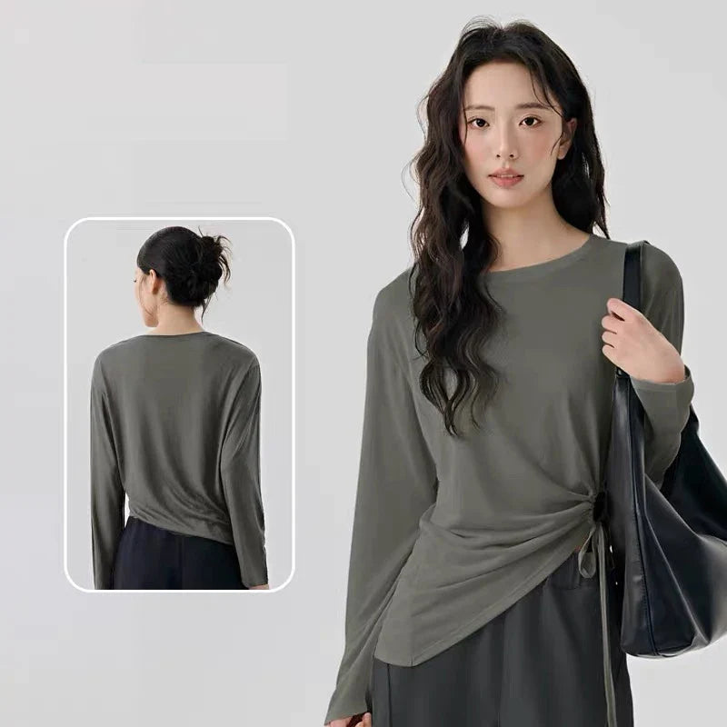 Women's Slimming Long-Sleeved Yoga Suit Sports T-Shirt with Drawstring Waist for Pilates Outdoor Fitness Training