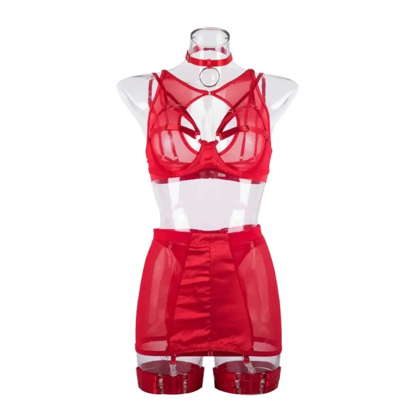 Toucheart 5-Pieces Erotic Lingerie Sexy Hip Skirt For Women Mesh Patchwork Hollow Out See-Through Lure Garters Underwear Suit