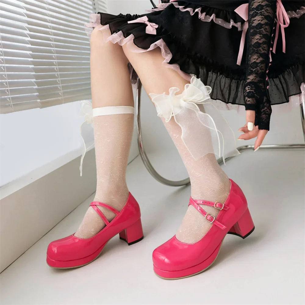 Big Size 30-48 Sweet Lolita Pink Mary Jane Shoes Women Round Toe Cross-Straps Platform White Block Heel Cute Dress Pumps