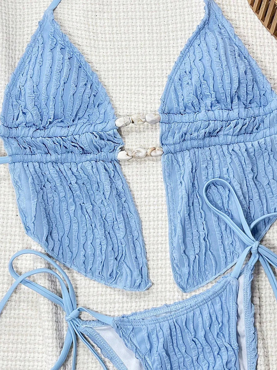 S - XL Wrinkled Tankini Halter Micro Bikini Women Swimwear Female Swimsuit Two-pieces Bikini Set High Cut Bathing Suit Swim Lady