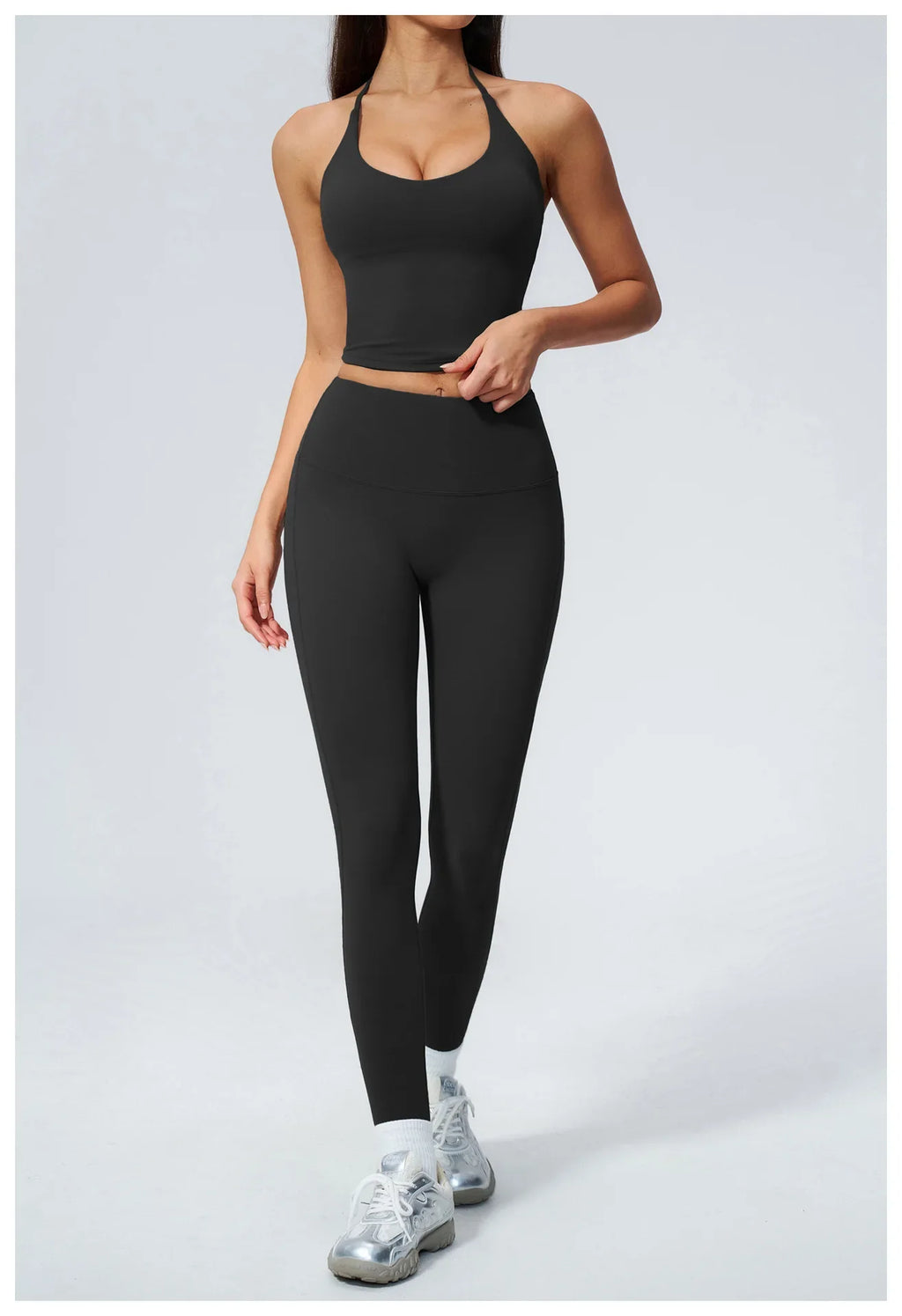 Women Tracksuit 2PCS Seamless Yoga Sets Hanging V Neck Slim Sports Tank Top Fitness Outfits Gym Running High Waist Leggings Suit