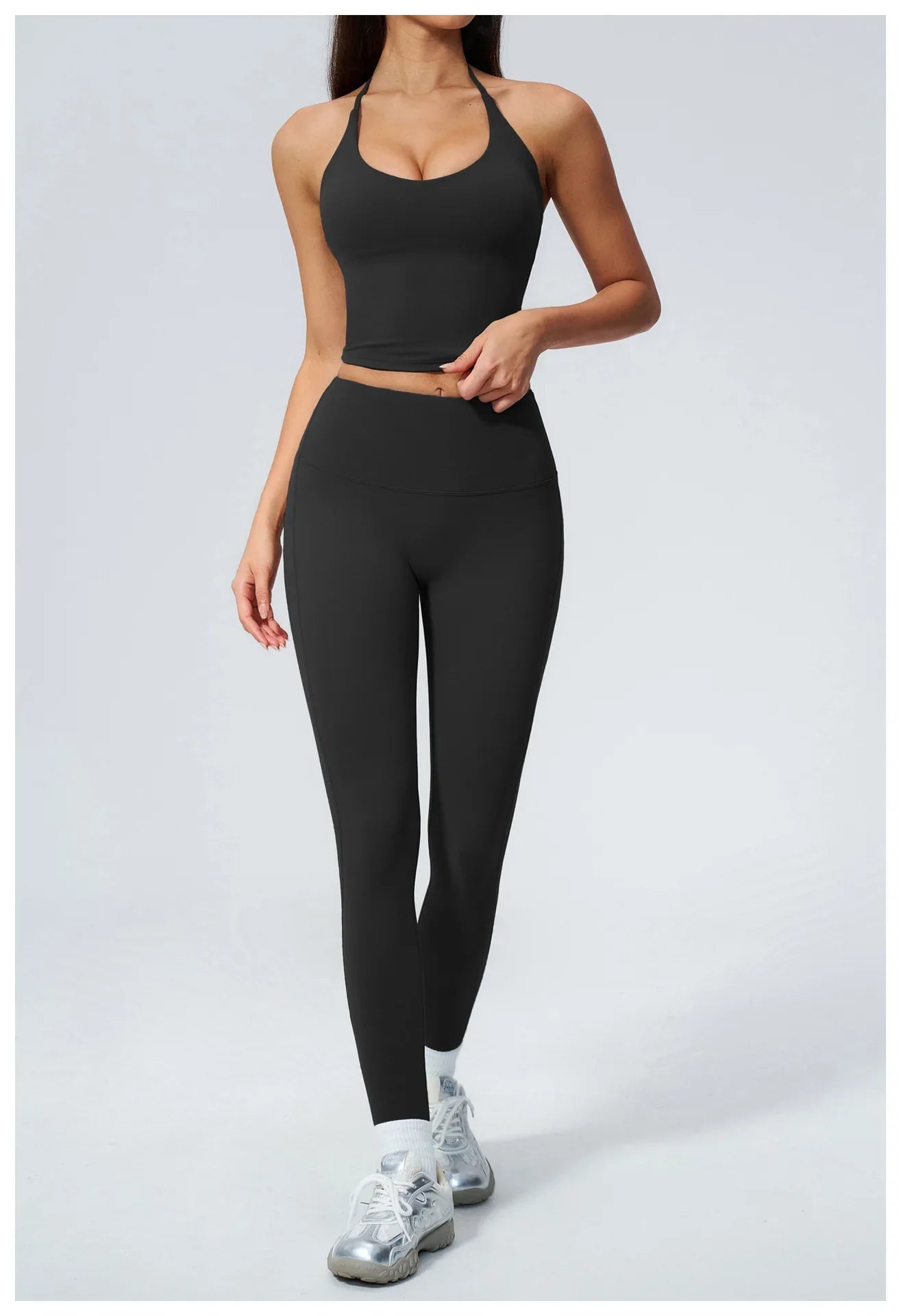 Women Tracksuit 2PCS Seamless Yoga Sets Hanging V Neck Slim Sports Tank Top Fitness Outfits Gym Running High Waist Leggings Suit