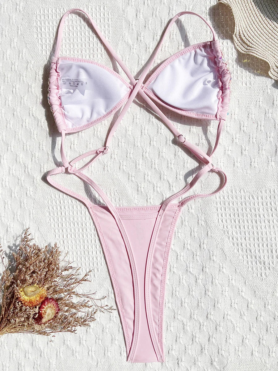 Shiny Sequins Cross Backless Micro String One Piece Swimsuit Women Swimwear Female Monokini High Cut Out Bathing Suit Swim Lady