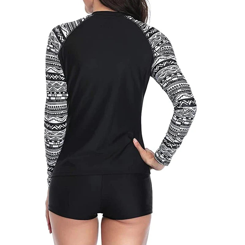 Women Two Pieces Vintage Print Rash Guard Swimwear Long Sleeve Shirt Shorts Surf Top Retro Print Running Shirt Split Swimsuit
