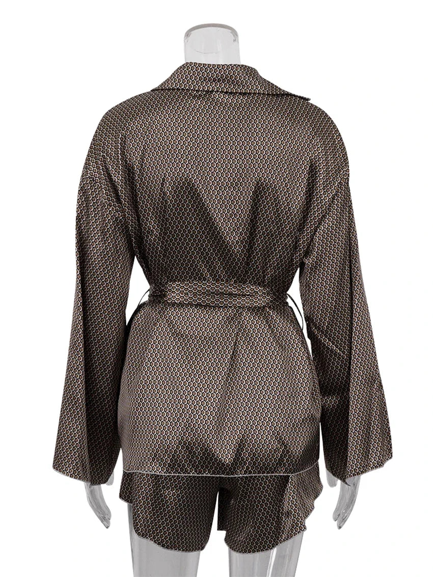 Marthaqiqi Fashion Ladies Nightgowns Suit Turn-Down Collar Robe Lace Up Pajama Long Sleeve Sleepwear Shorts Printing Nightie Set