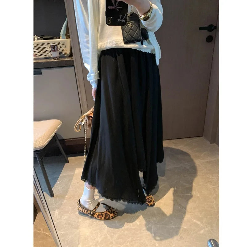 Spliced Lace Elastic High-waisted Slimming Skirt White Lace Trim Skirt Elastic Waist Casual Summer Style Skirt For Women 6S7Q