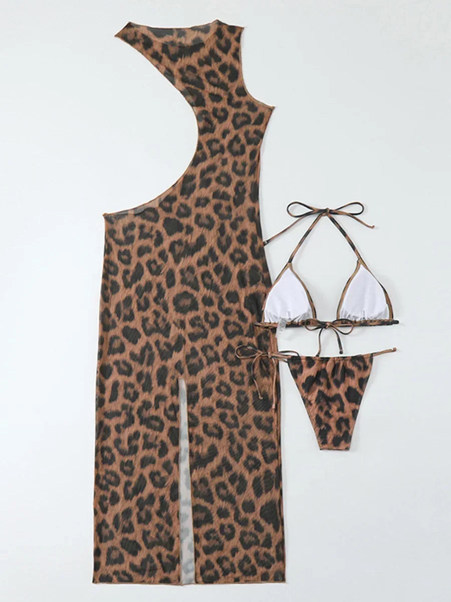 XS - XL Halter Leopard Beach Cover Up Bikini Women Swimwear Female Swimsuit Three-pieces Bikini Set Mini Micro Bathing Suit Swim