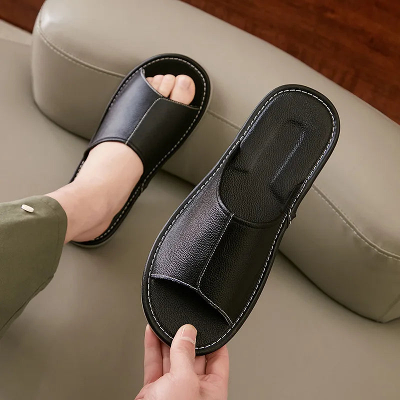 Big Size EU48 Indoor Slippers For Women Men Spring Summer House Shoes Soft Leather Anti-slip Open Toe Couples Home Floor Slides