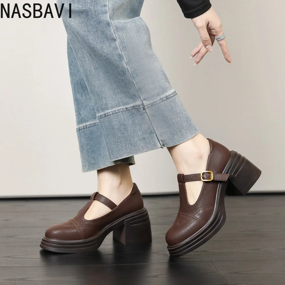 Ladies Retro Style High Heel Single Shoes for Women Platform Thick Heel Buckle Design Casual Loafers T-strap Leather shoes New