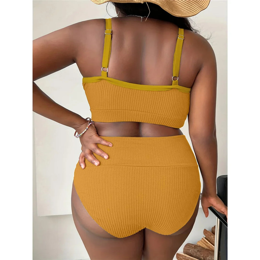 0XL - 4XL Ribbed Bikini Large Size Swimwear Plus Size Women Swimsuit Female Two-pieces Bikini Set Bather Bathing Suit Swim V4982