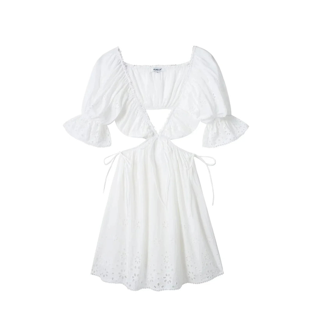 Foridol Lace Summer White Dress Women Puff Sleeve Embriodery Waist Cut Out Beach Short Sexy Cotton Dress Backless 2025 Sundress