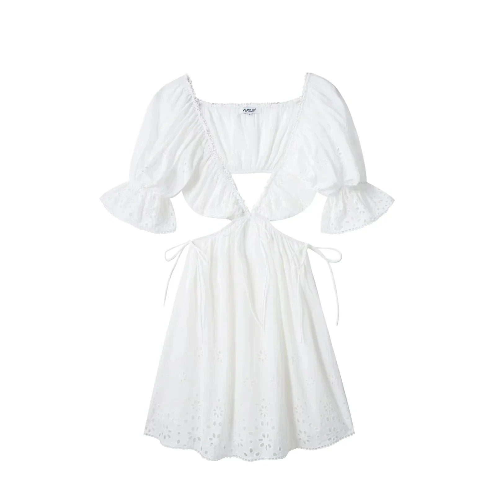 Foridol Lace Summer White Dress Women Puff Sleeve Embriodery Waist Cut Out Beach Short Sexy Cotton Dress Backless 2025 Sundress