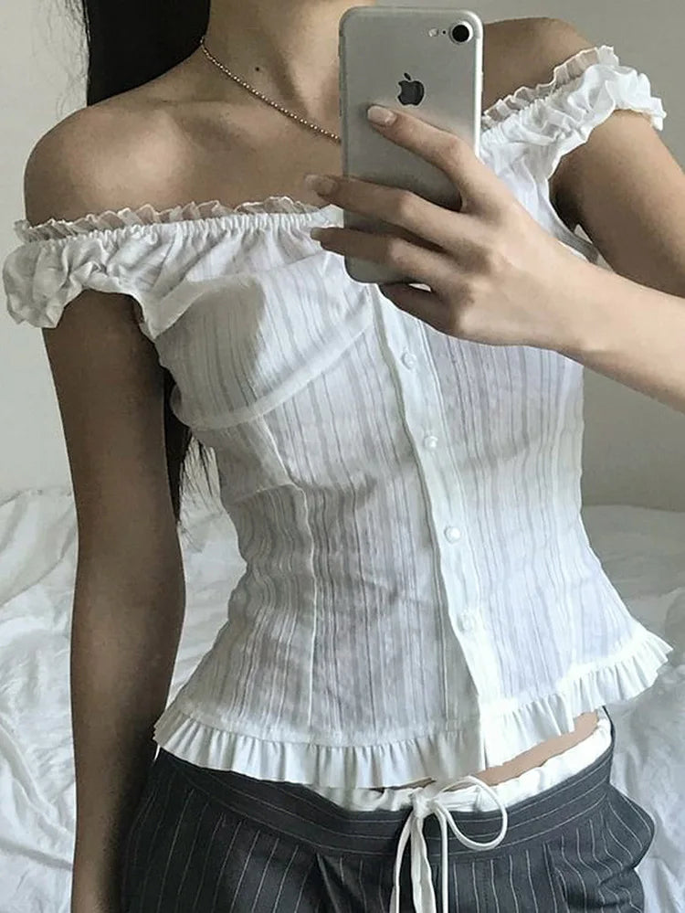 Phantasy Y2K Women Tops White Lace T-Shirt Button Tees Vintage French Style Tops 2025 Spring Summer Tops Female Streetwear