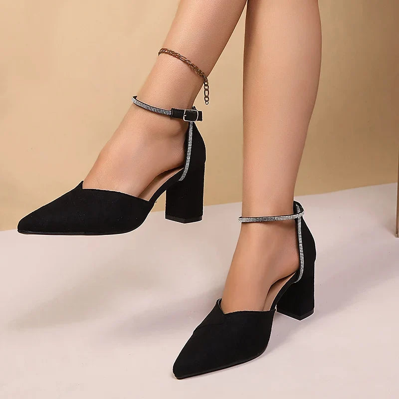 Luxury Crystal Strap Thick Heels Pumps Women Sexy Pointed Toe Party High Heel Shoes Woman 2026 Plus Size 43 Ankle Buckle Pumps