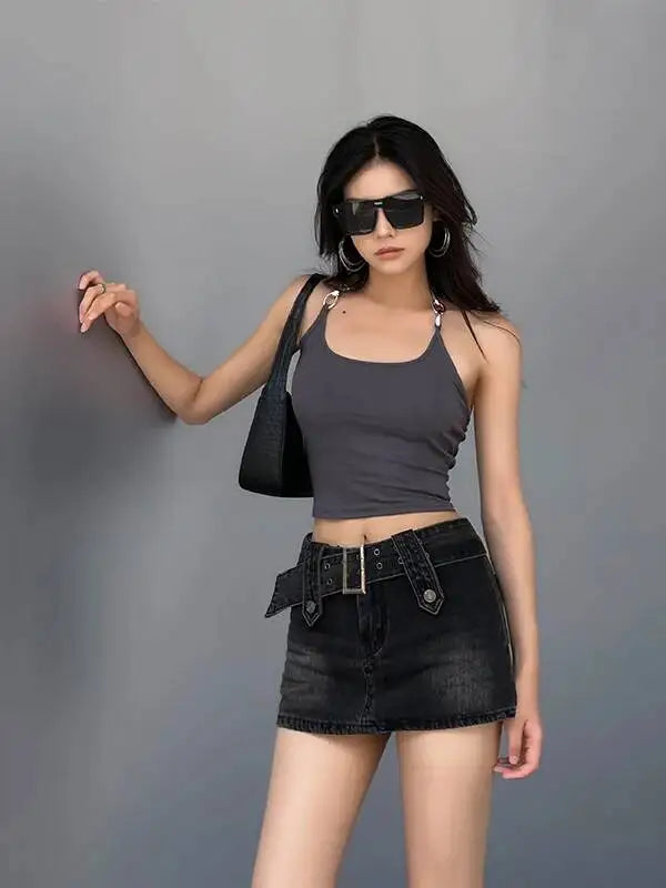 WOMENGAGA Korean Style Spicy Girl Denim Half Body Short Skirt Female Slim Tight Ultra Short A-line Slim Hip Skorts Fashion 3POJ
