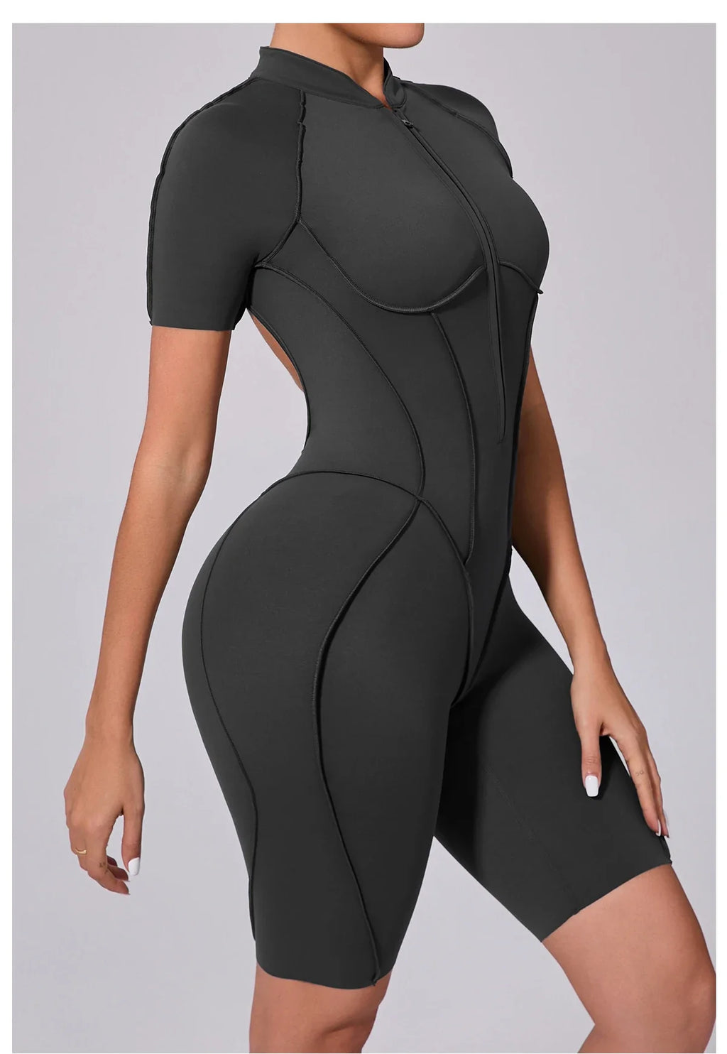 Summer Zipper Workout Jumpsuit Sports Overalls Women Running Fitness Short Sleeve Yoga Bodysuit