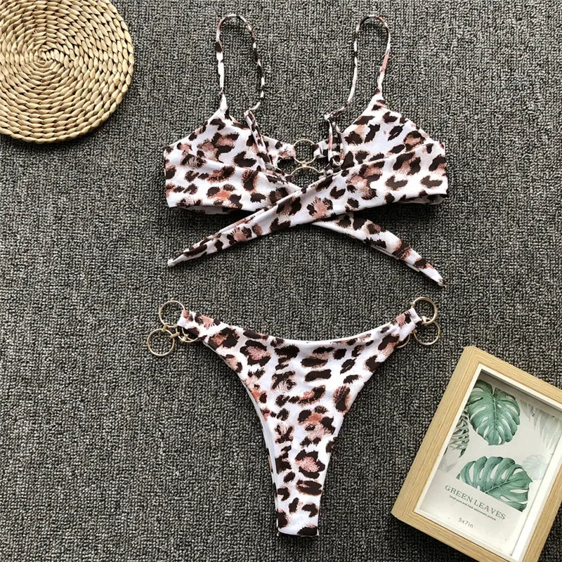 Metal Rings Bikinis Hollow Out Bikini Women Swimsuit Female Brazilian Swimwear Two Pieces Bikini Set High Cut Bathing Suit Swim