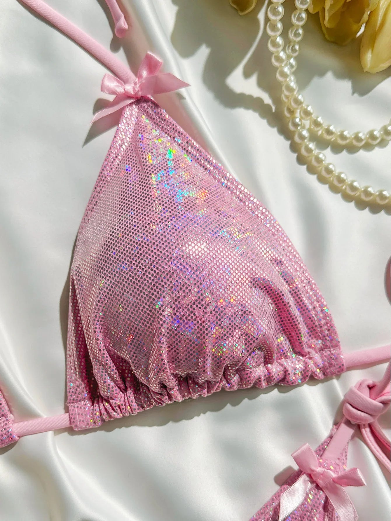 Shiny Brozing Neon Yellow Micro Bikini 2026 Women Sexy Bow Strap Push Up Bra Tie Side Thong Swimsuit Pool Bathing Suit  Swimwear